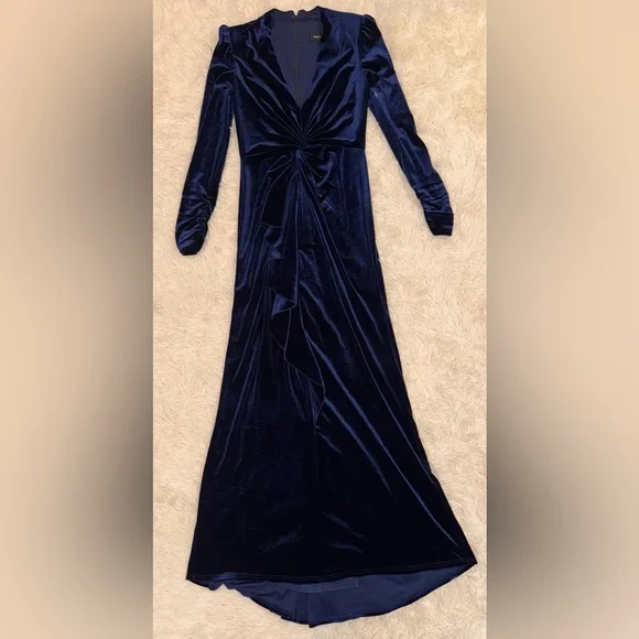 NWOT Tadashi Shoji Navy Blue Bevan Velvet Waterfall Drape Gown Sz S